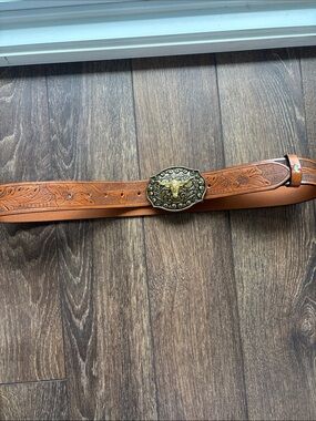 Faux Leather Tooled Western Belt with Brass Bull Buckle - Brown